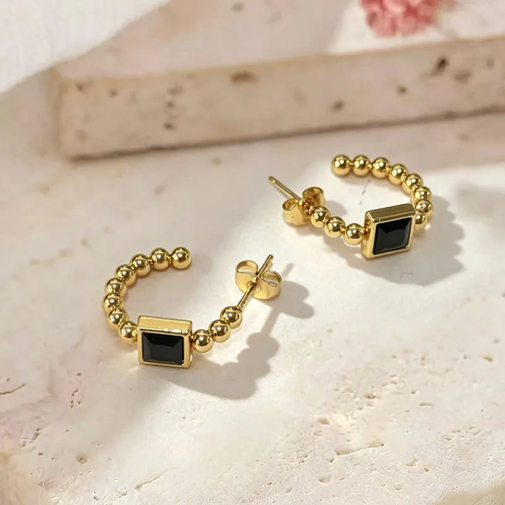 Beaded Prism Square Hoop Earrings - Black