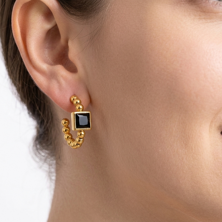 Beaded Prism Square Hoop Earrings - Black