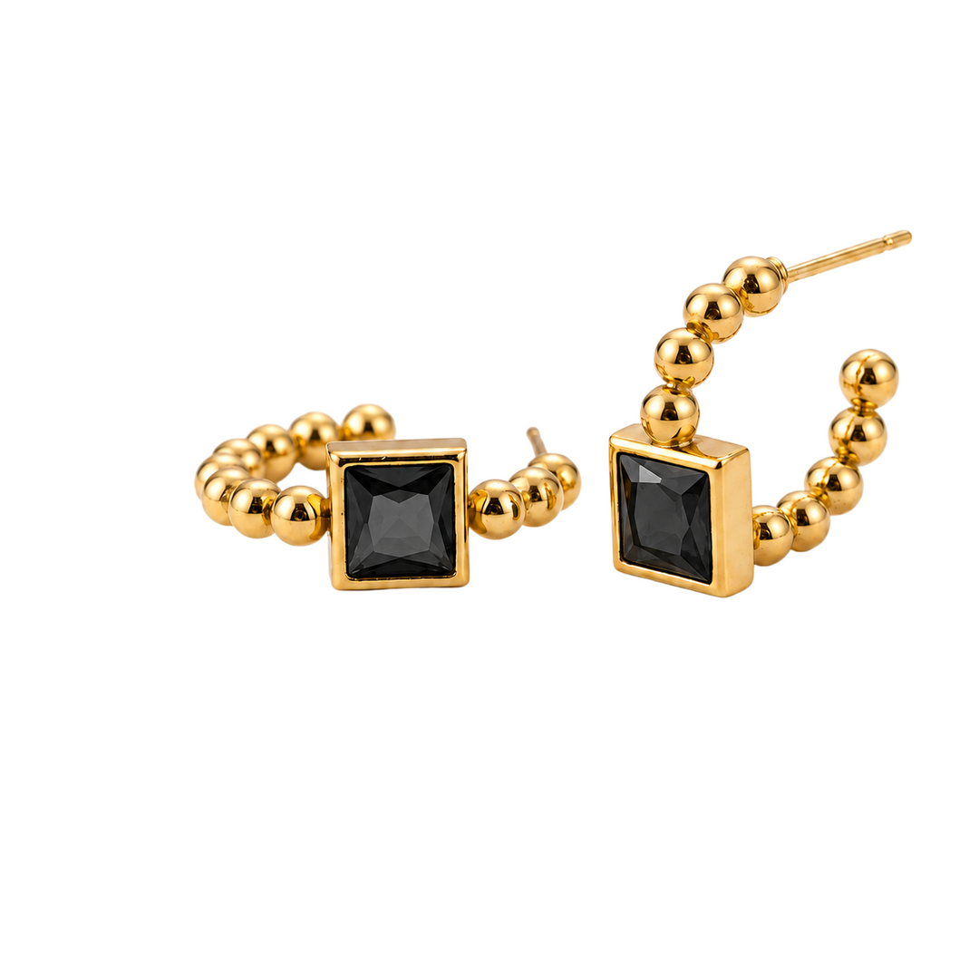 Beaded Prism Square Hoop Earrings - Black