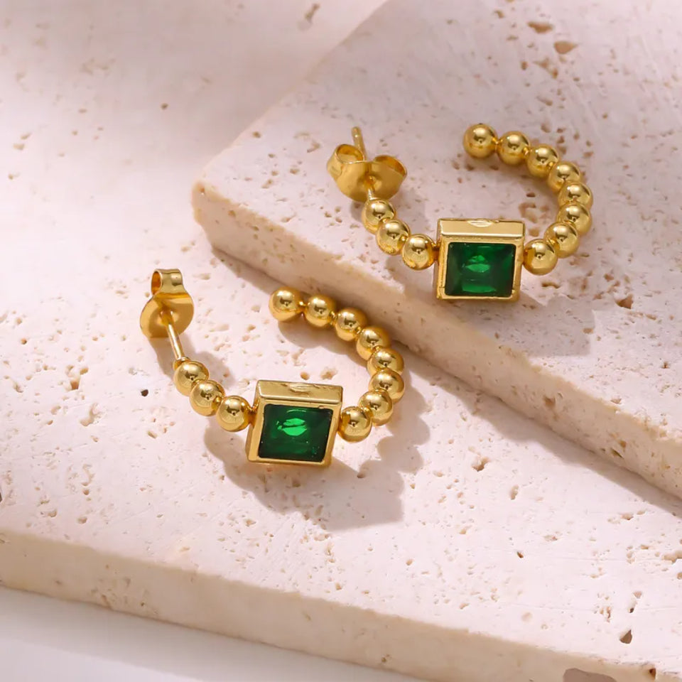Beaded Prism Square Hoop Earrings - Green