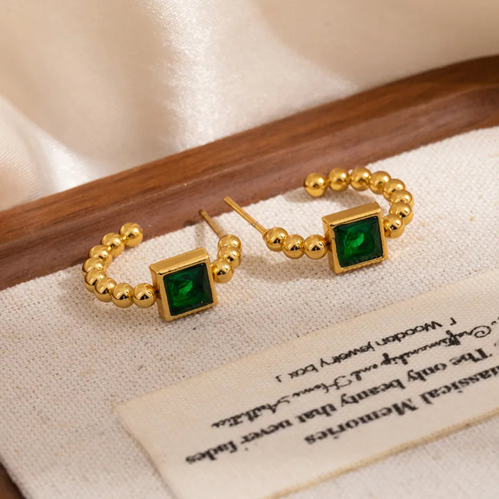 Beaded Prism Square Hoop Earrings - Green