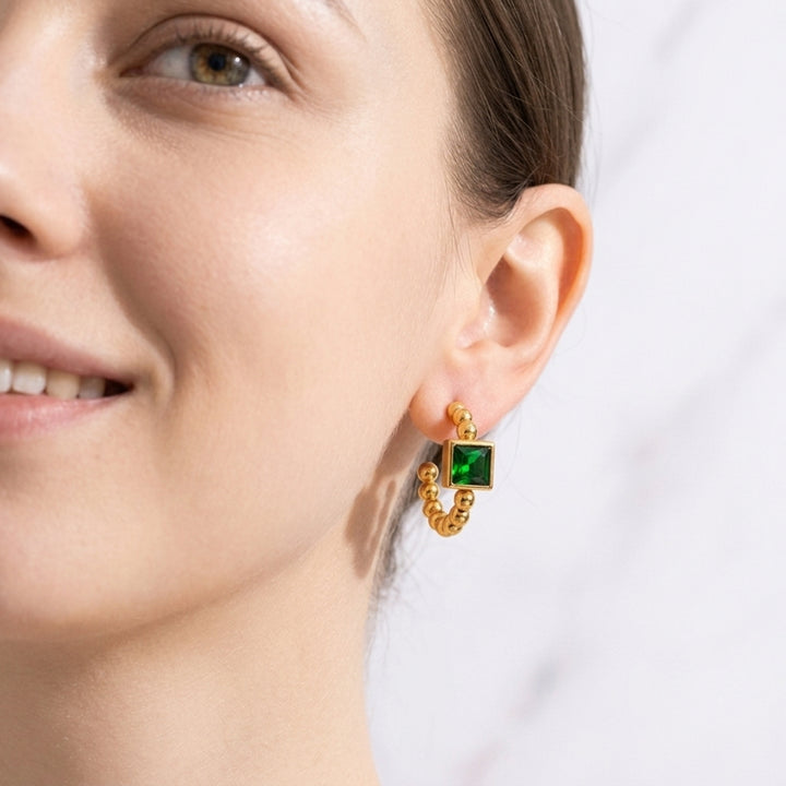 Beaded Prism Square Hoop Earrings - Green