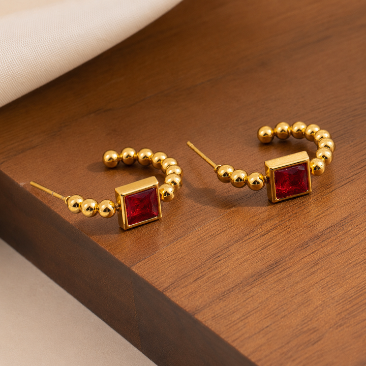 Beaded Prism Square Hoop Earrings - Red