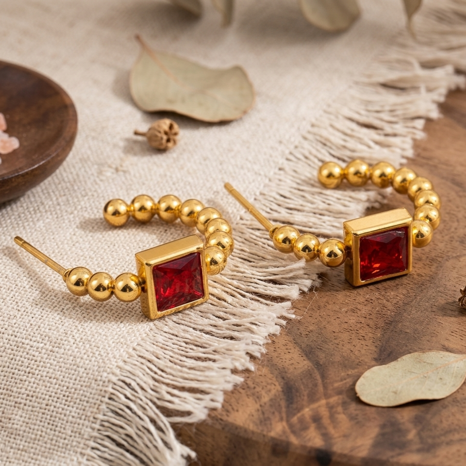 Beaded Prism Square Hoop Earrings - Red