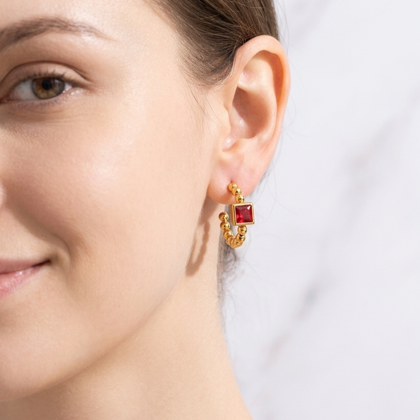 Beaded Prism Square Hoop Earrings - Red
