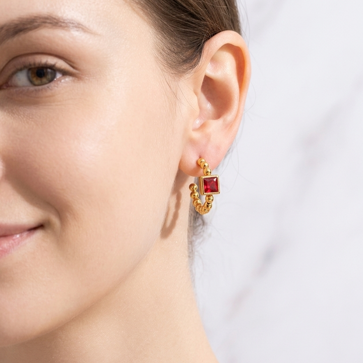 Beaded Prism Square Hoop Earrings - Red
