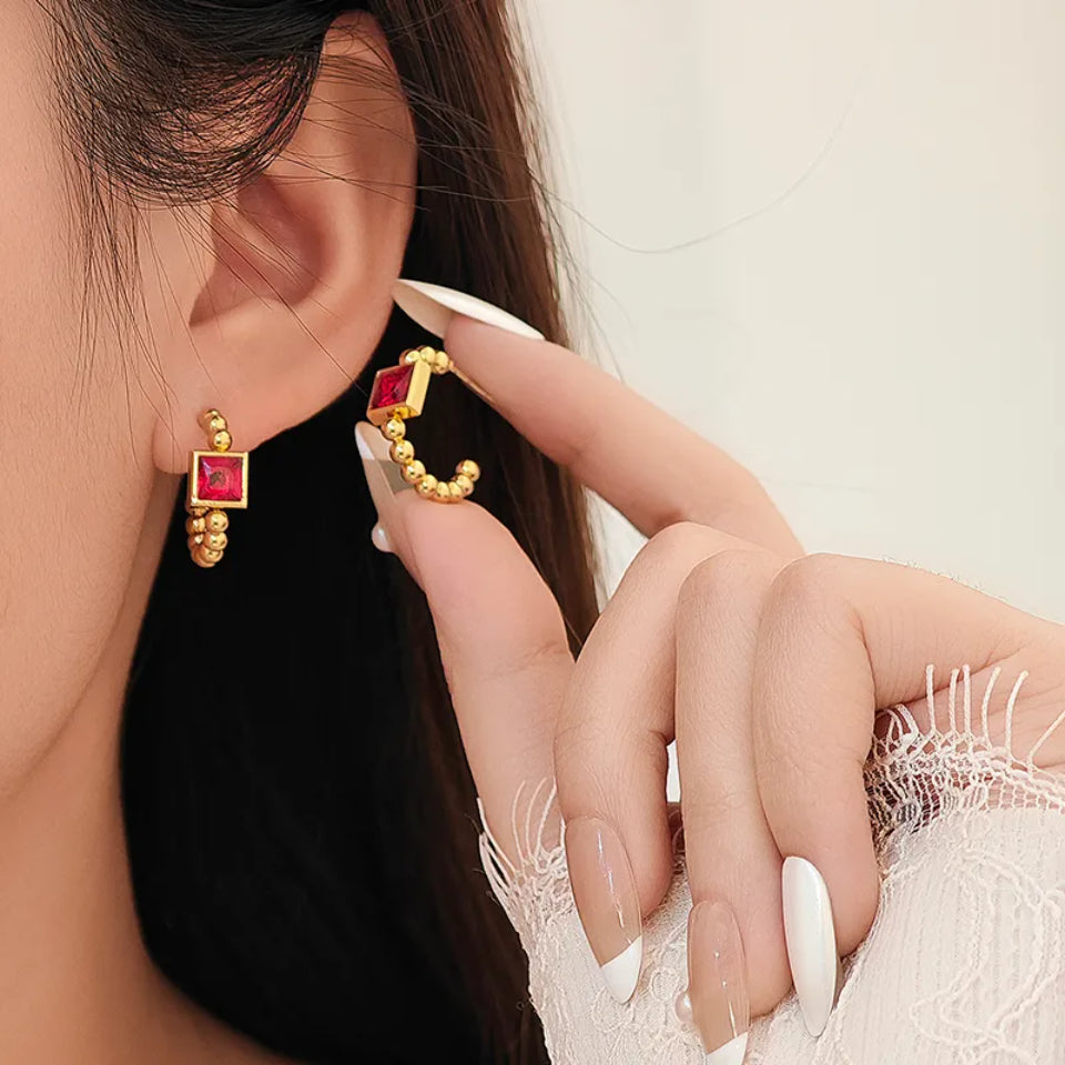 Beaded Prism Square Hoop Earrings - Red