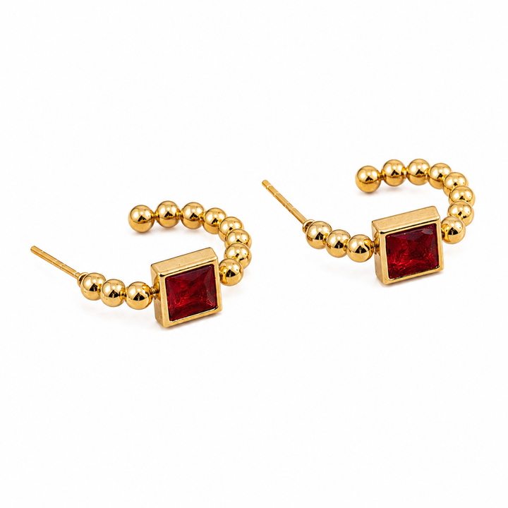 Beaded Prism Square Hoop Earrings - Red