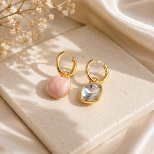 Twin Charm Mismatch Hoop Earrings - Pink