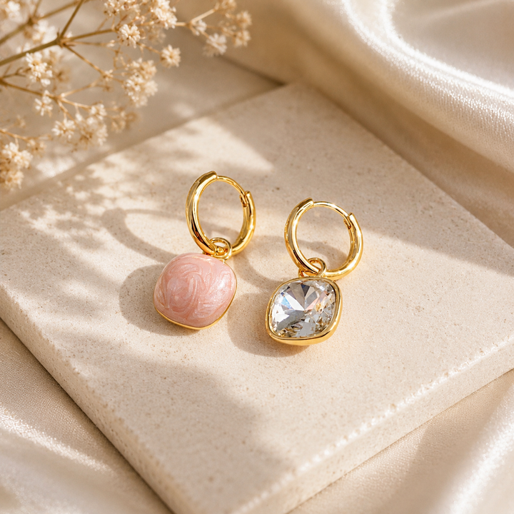 Twin Charm Mismatch Hoop Earrings - Pink