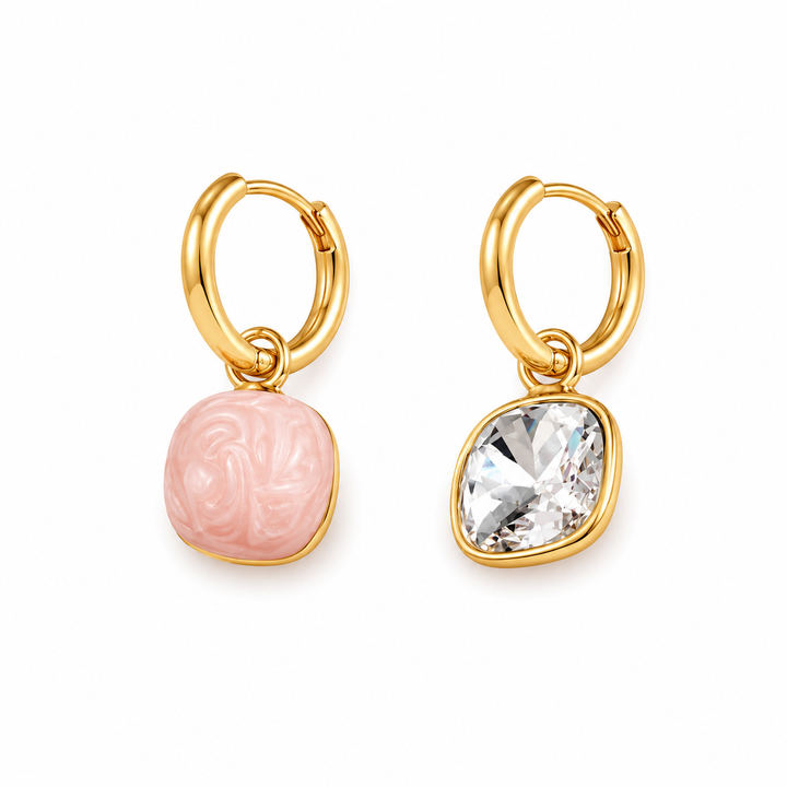 Twin Charm Mismatch Hoop Earrings - Pink