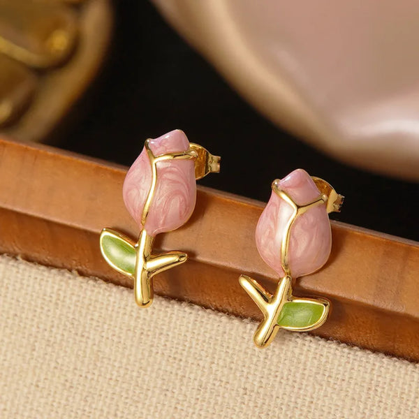 Roselle Bloom Stem Stud Earrings