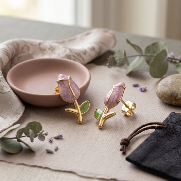 Roselle Bloom Stem Stud Earrings
