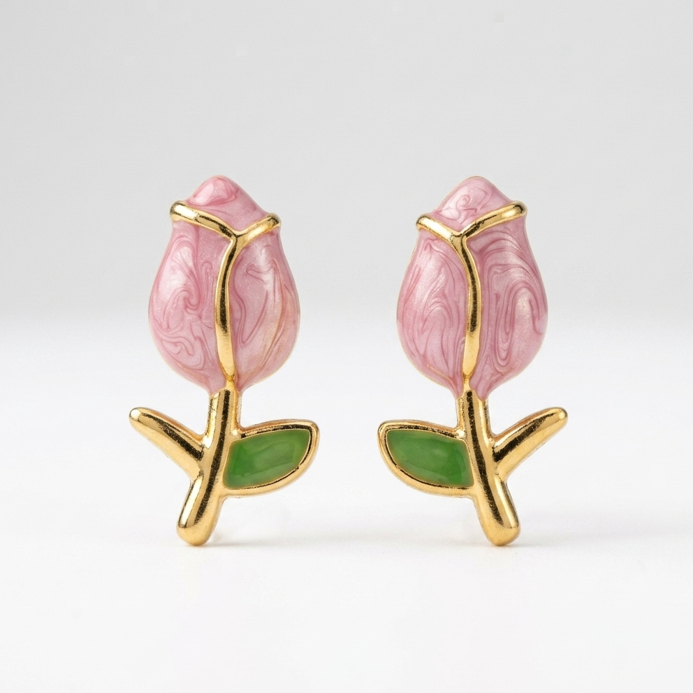 Roselle Bloom Stem Stud Earrings