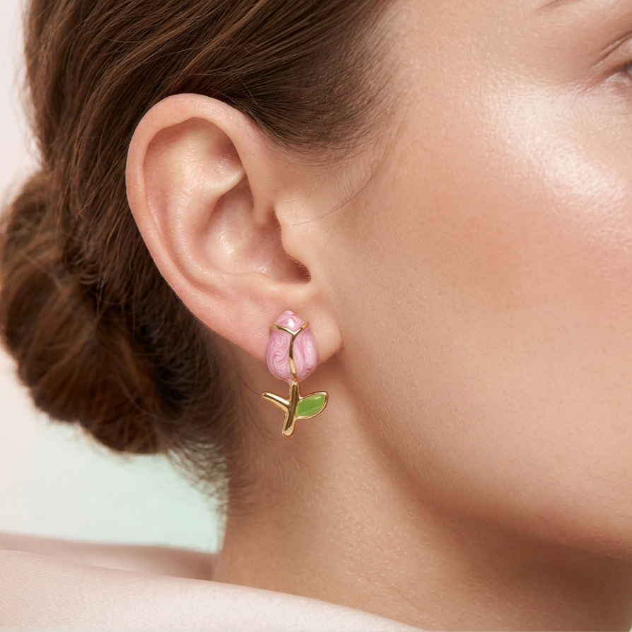 Roselle Bloom Stem Stud Earrings