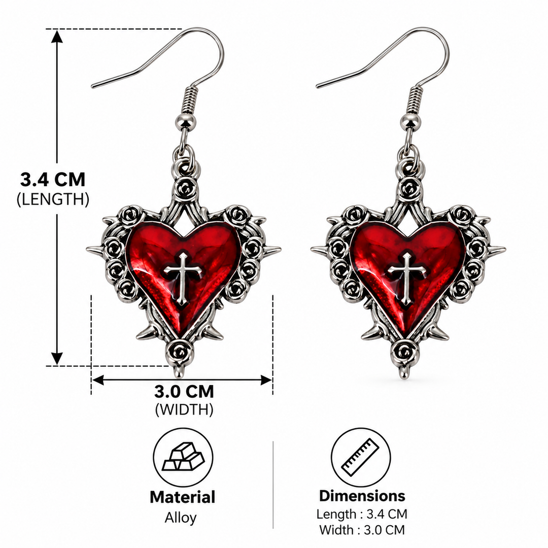 Crimson Cross Heart Drop Earrings