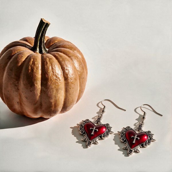 Crimson Cross Heart Drop Earrings