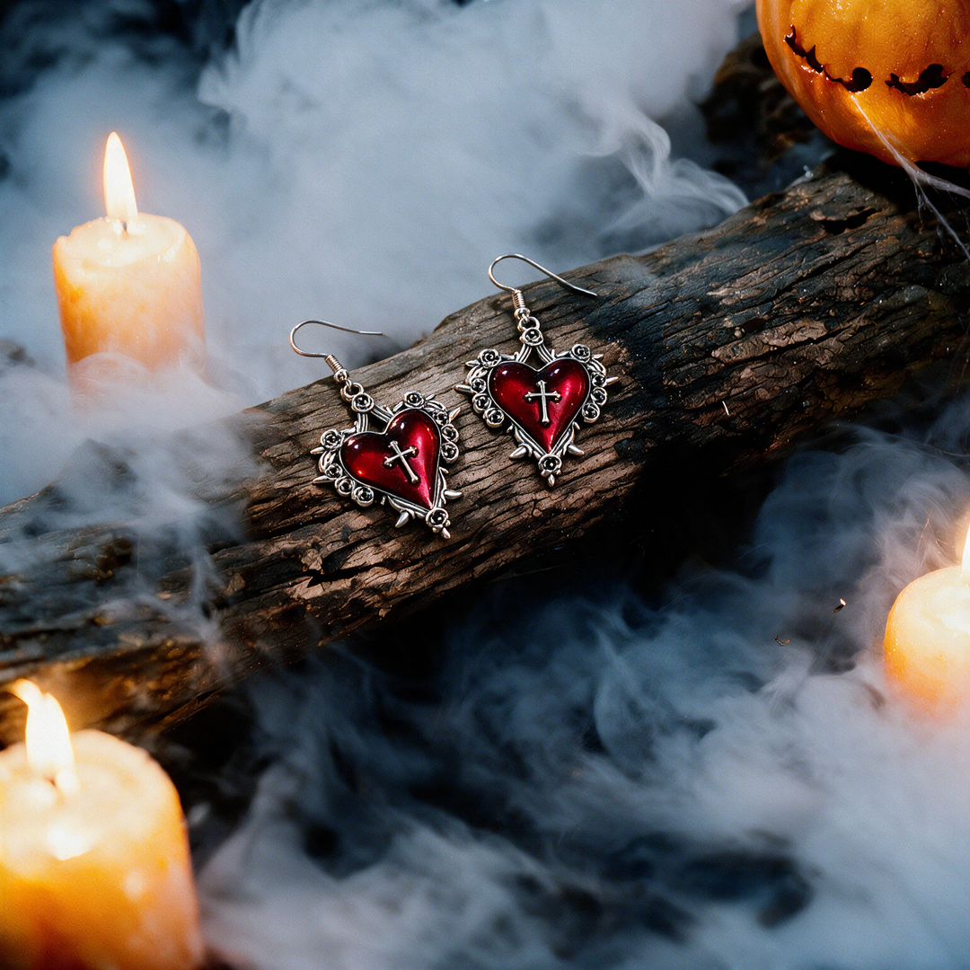 Crimson Cross Heart Drop Earrings