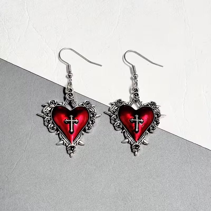 Crimson Cross Heart Drop Earrings