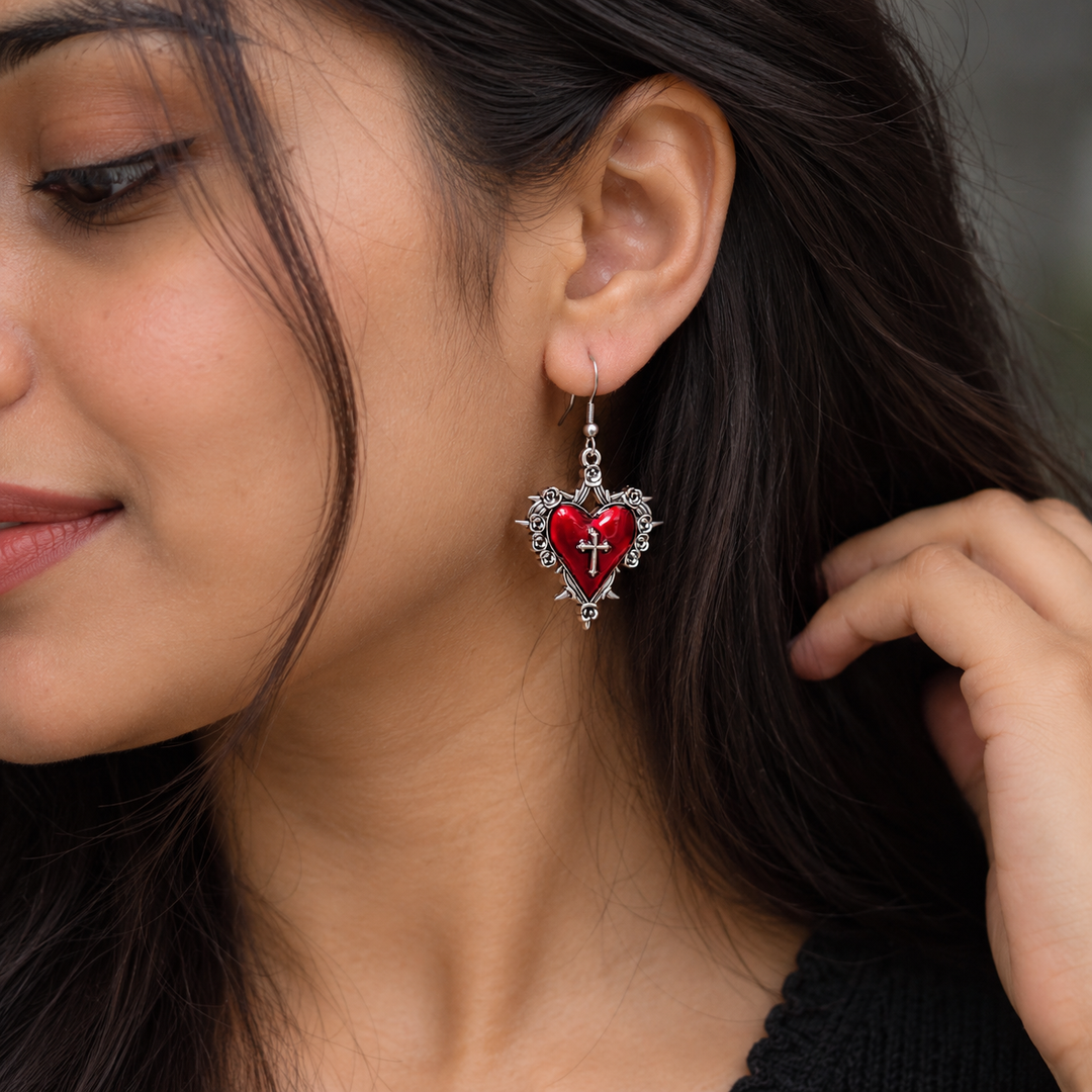 Crimson Cross Heart Drop Earrings