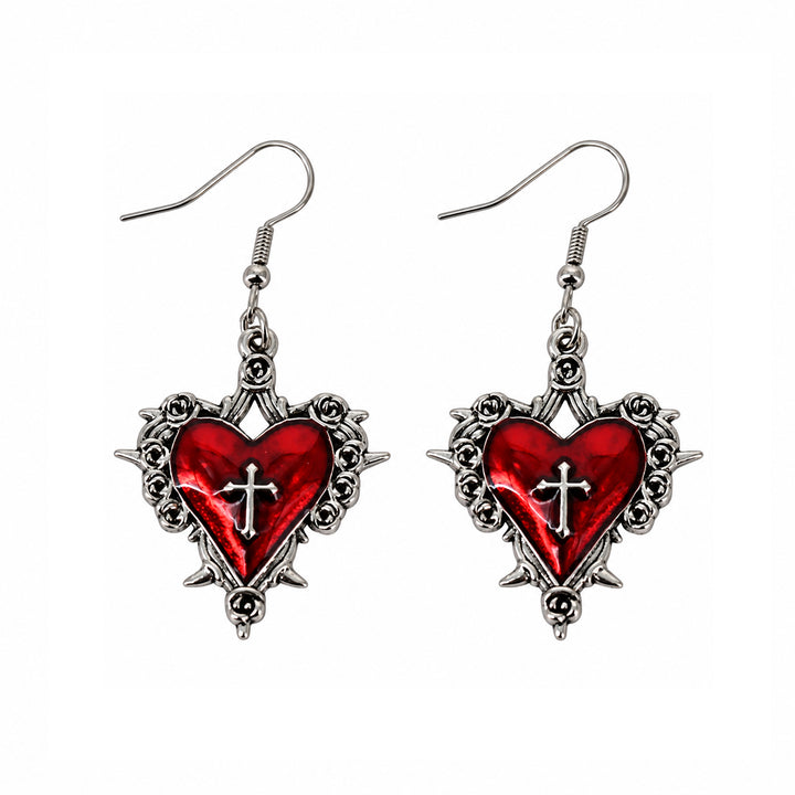 Crimson Cross Heart Drop Earrings