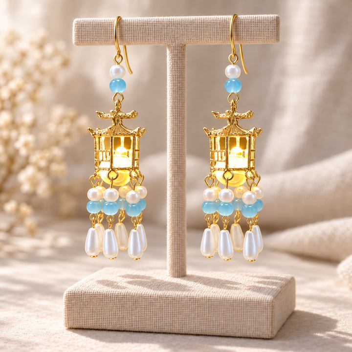 Traditional Royal Deepam Cascade Drop Lantern Tassel Earrings - (Gold-Blue)