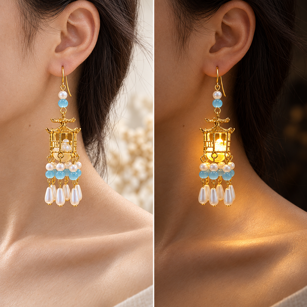 Traditional Royal Deepam Cascade Drop Lantern Tassel Earrings - (Gold-Blue)