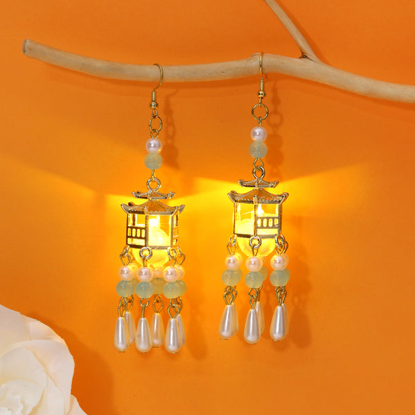 Traditional Royal Deepam Cascade Drop Lantern Tassel Earrings - (Gold-Blue)