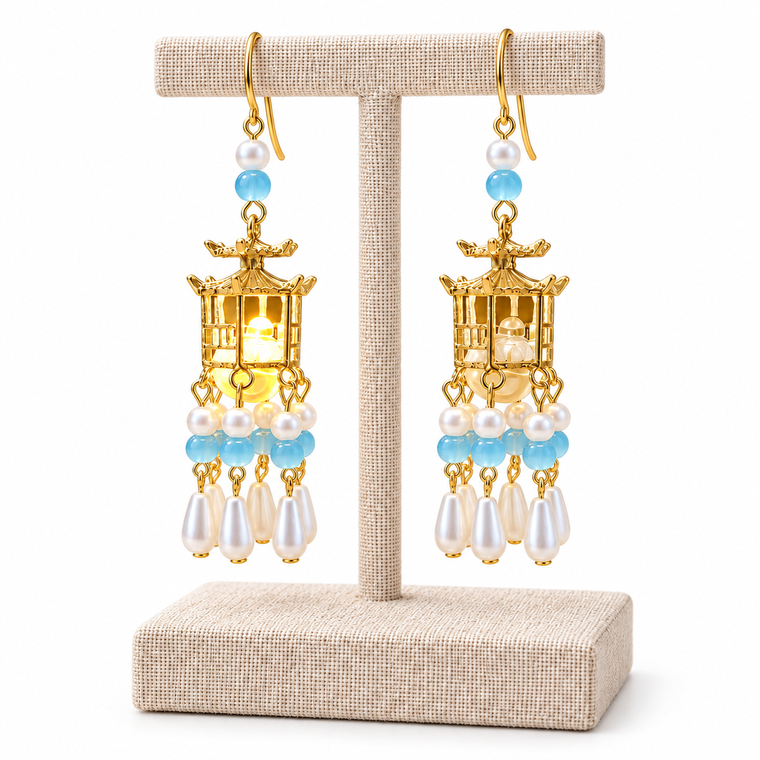 Traditional Royal Deepam Cascade Drop Lantern Tassel Earrings - (Gold-Blue)