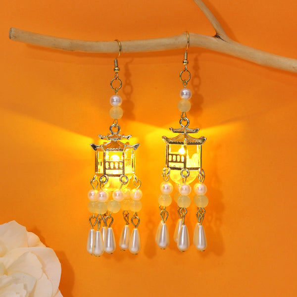 Traditional Royal Deepam Cascade Drop Lantern Tassel Earrings - (Gold-Green)
