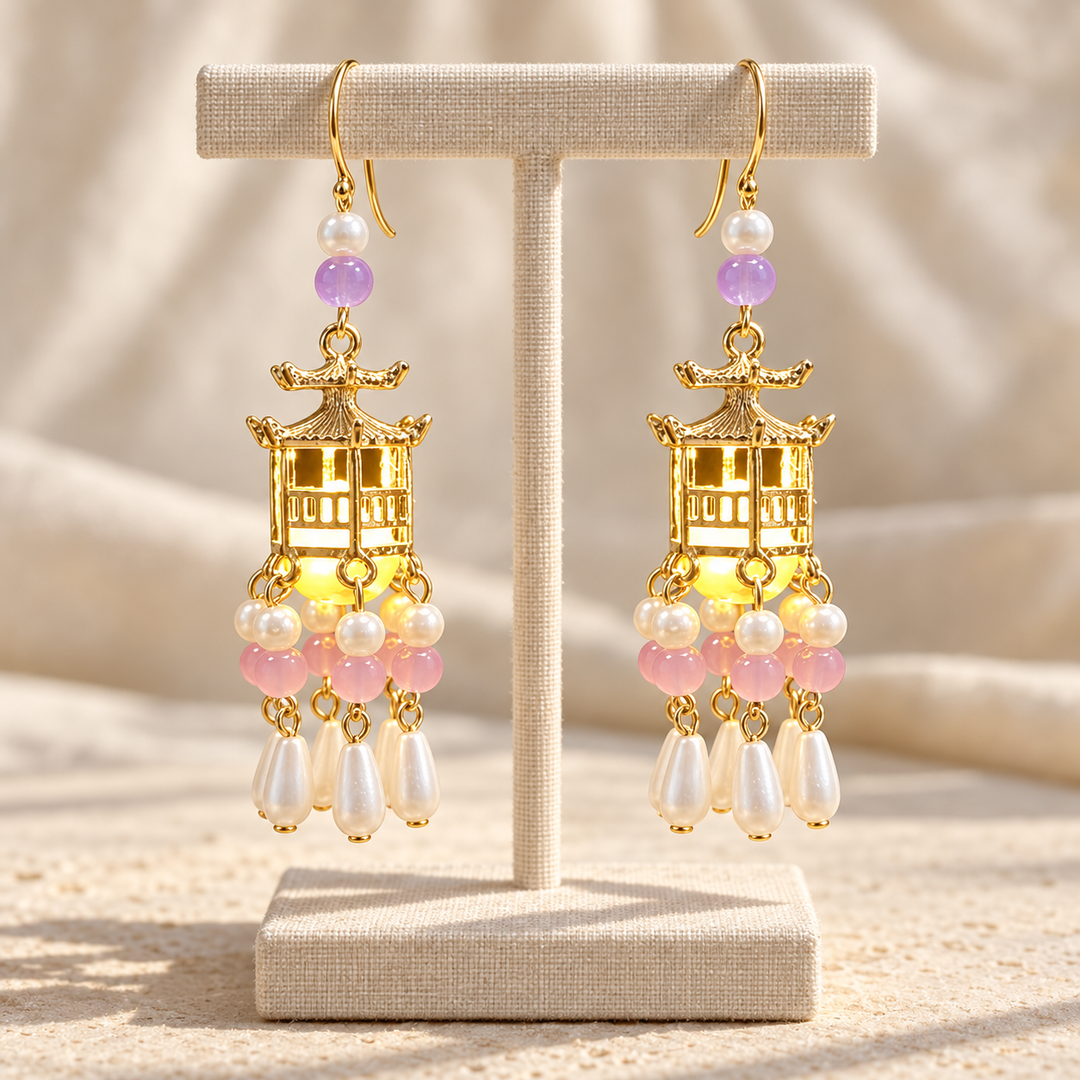 Traditional Royal Deepam Cascade Drop Lantern Tassel Earrings - (Gold-Pink-Purple)