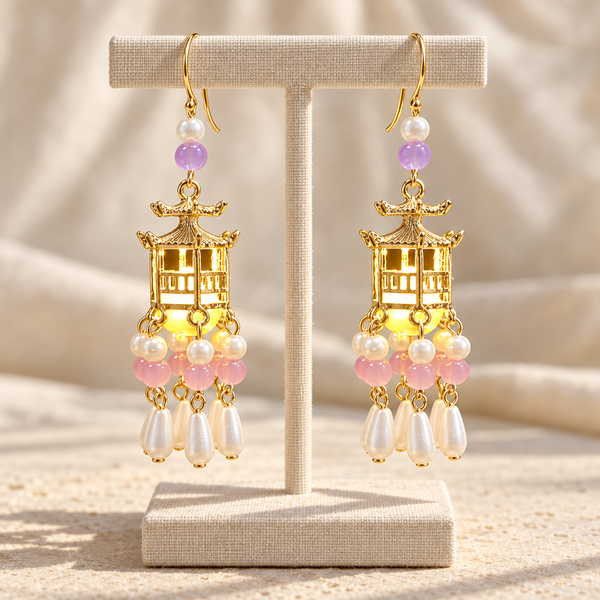 Traditional Royal Deepam Cascade Drop Lantern Tassel Earrings - (Gold-Pink-Purple)