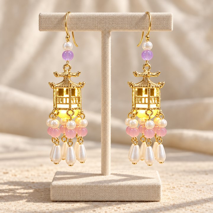 Traditional Royal Deepam Cascade Drop Lantern Tassel Earrings - (Gold-Pink-Purple)