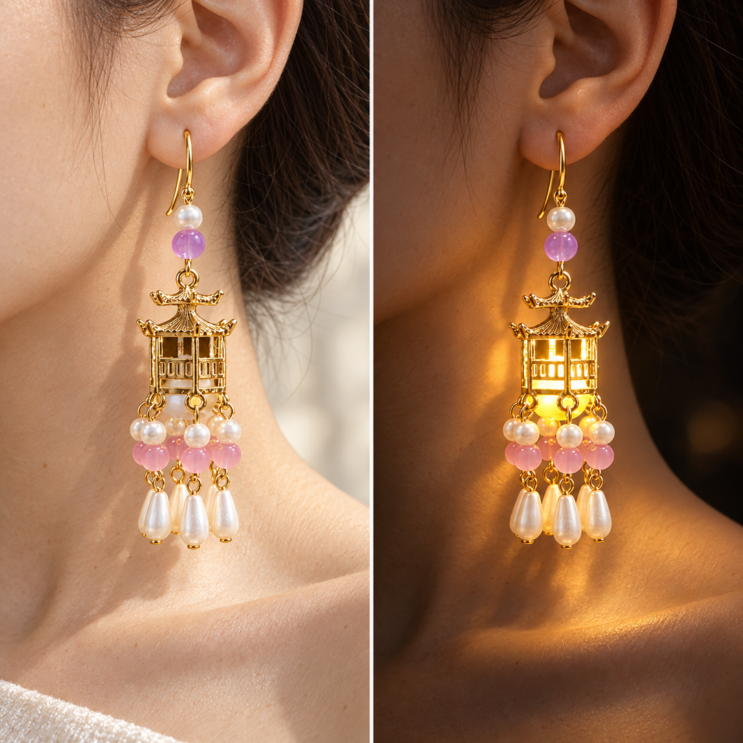 Traditional Royal Deepam Cascade Drop Lantern Tassel Earrings - (Gold-Pink-Purple)