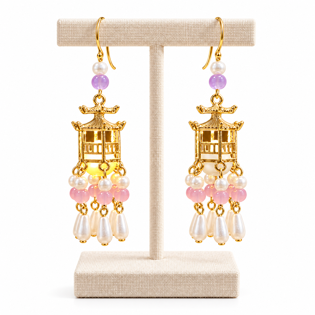 Traditional Royal Deepam Cascade Drop Lantern Tassel Earrings - (Gold-Pink-Purple)
