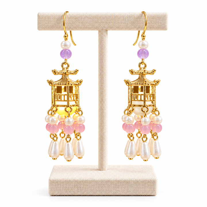 Traditional Royal Deepam Cascade Drop Lantern Tassel Earrings - (Gold-Pink-Purple)