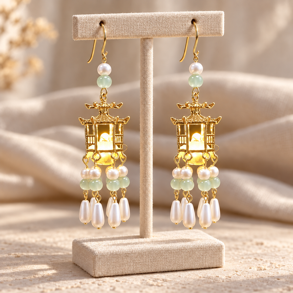 Traditional Royal Deepam Cascade Drop Lantern Tassel Earrings - (Gold-Green)