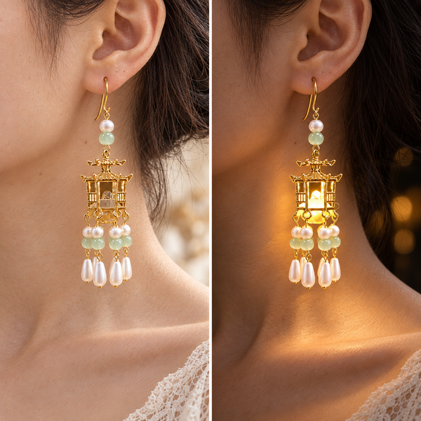Traditional Royal Deepam Cascade Drop Lantern Tassel Earrings - (Gold-Green)