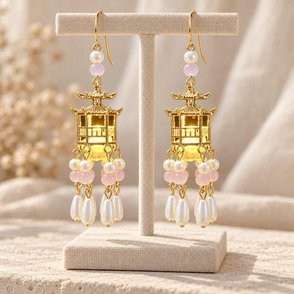 Traditional Royal Deepam Cascade Drop Lantern Tassel Earrings - (Gold)