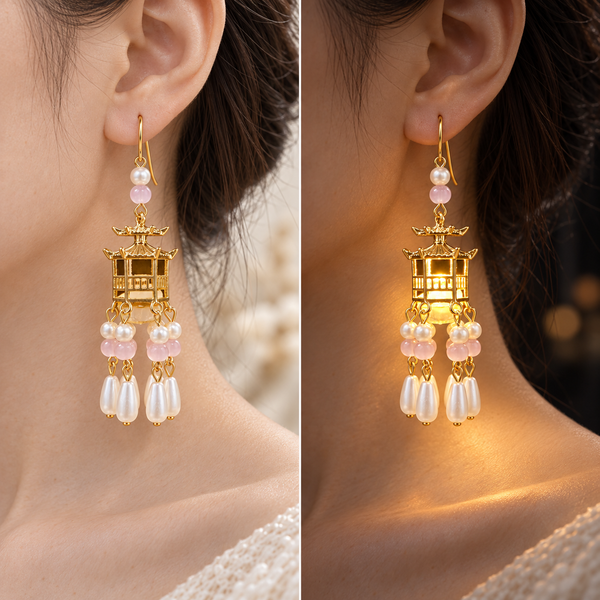 Traditional Royal Deepam Cascade Drop Lantern Tassel Earrings - (Gold)