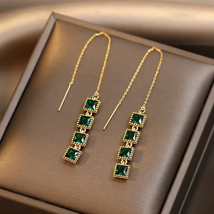 Emerald Gemstone Threader Tassel Drop Earrings