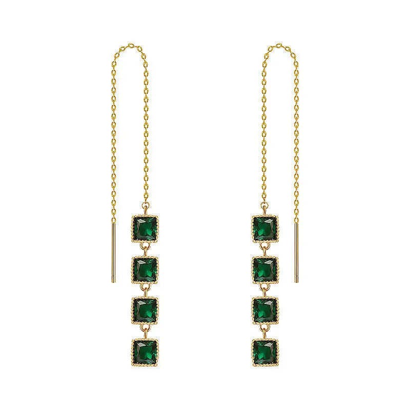Emerald Gemstone Threader Tassel Drop Earrings