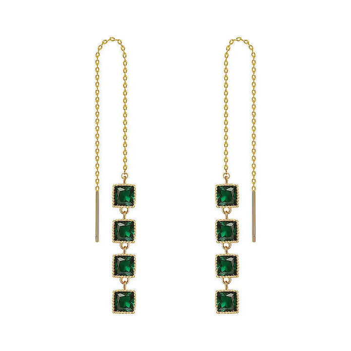 Emerald Gemstone Threader Tassel Drop Earrings