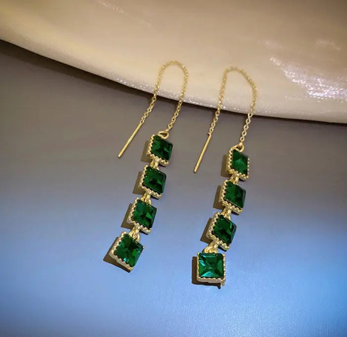 Emerald Gemstone Threader Tassel Drop Earrings
