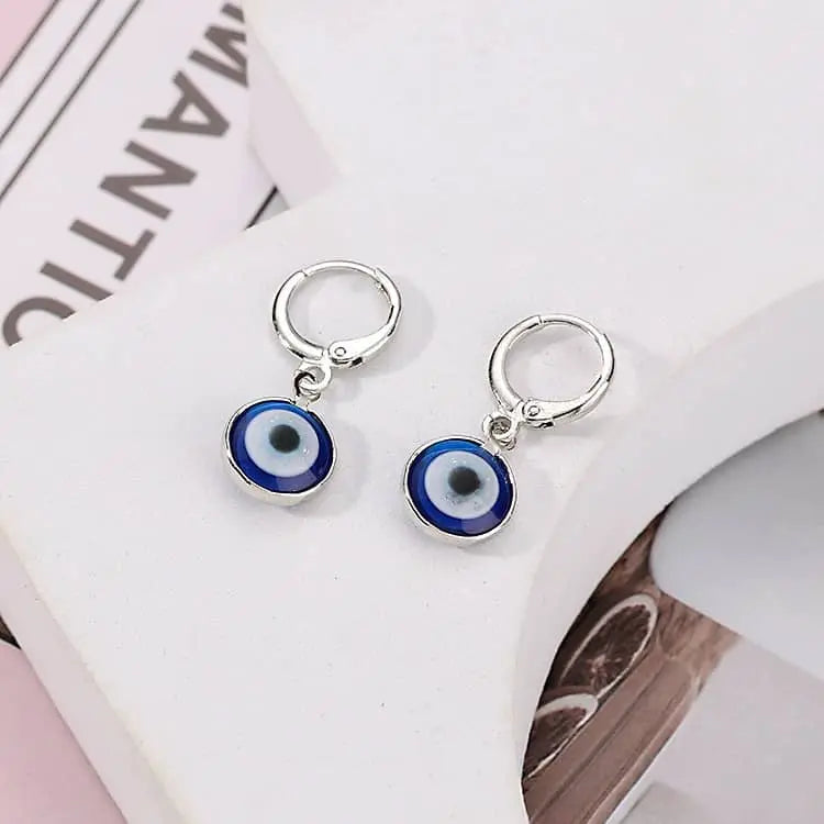 Evil Eyes Silver Brim Wind Drop Earrings - Dark Blue