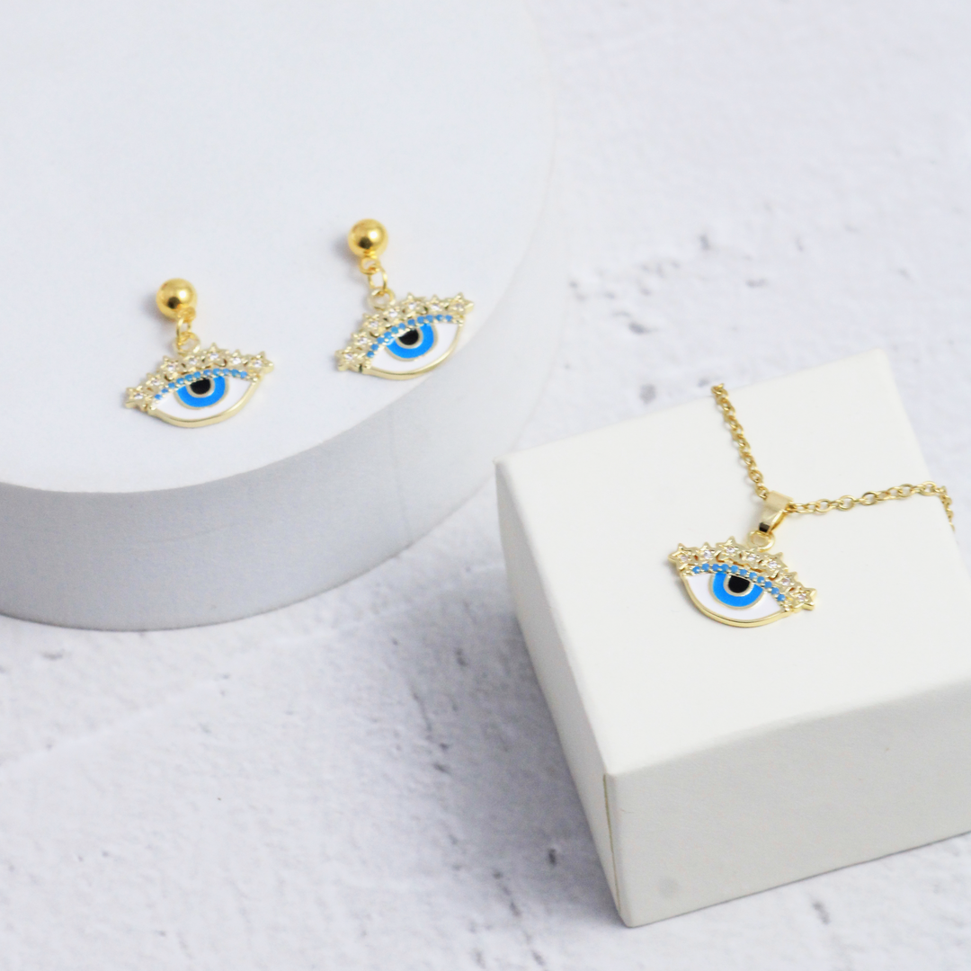Eye of Protection Dark Blue Earrings and Necklace Set