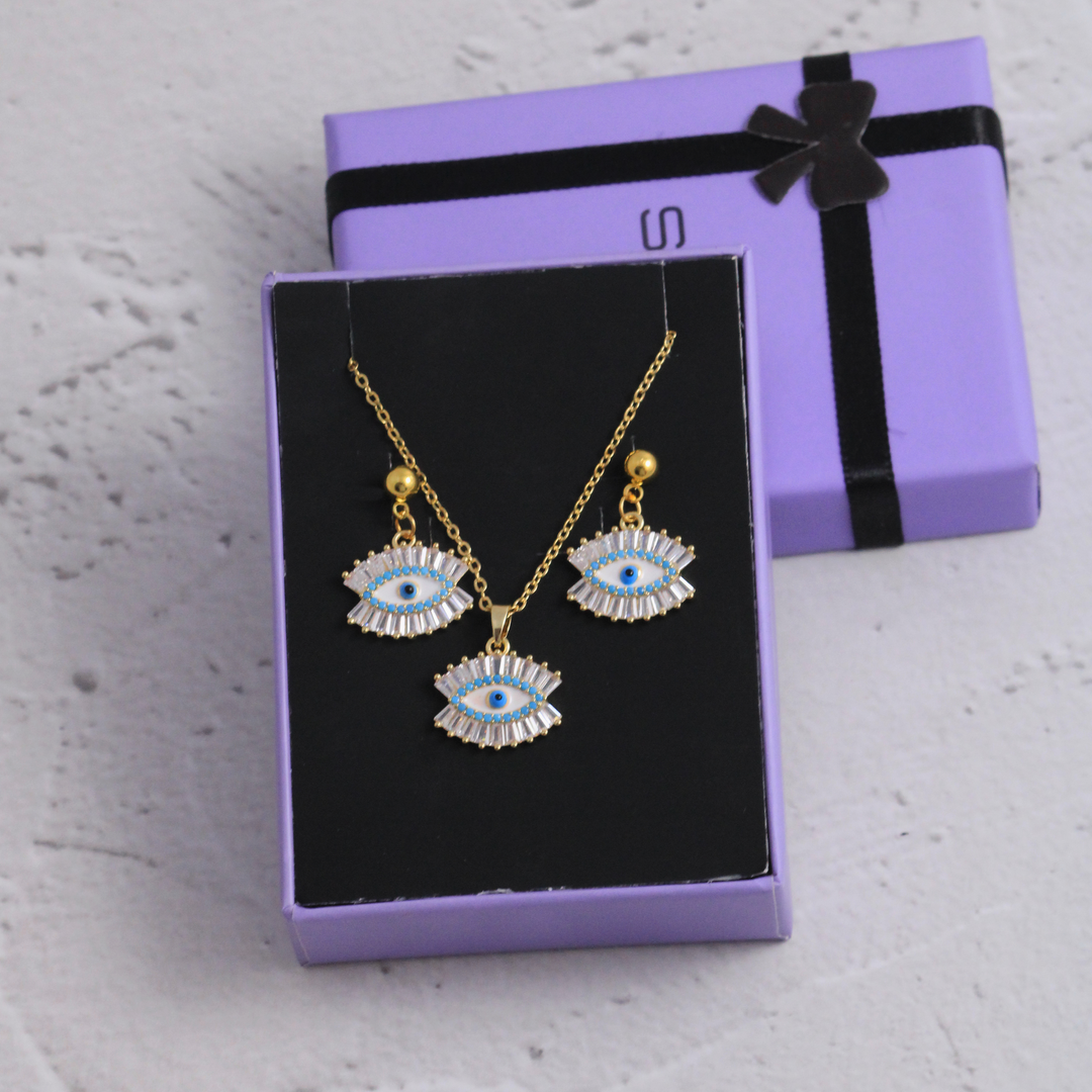 Eye of Protection Light Blue Earrings and Necklace Set