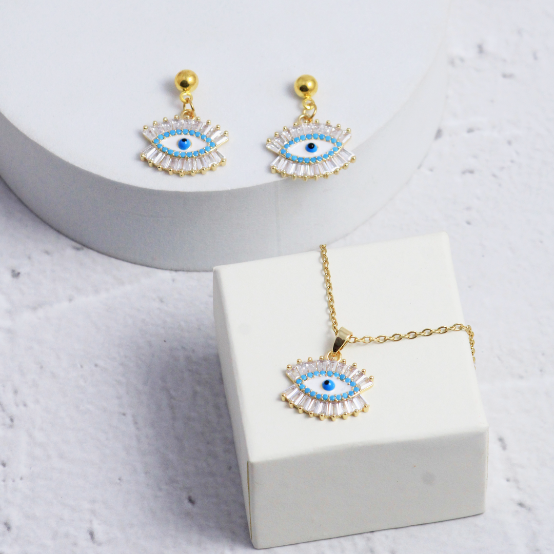 Eye of Protection Light Blue Earrings and Necklace Set