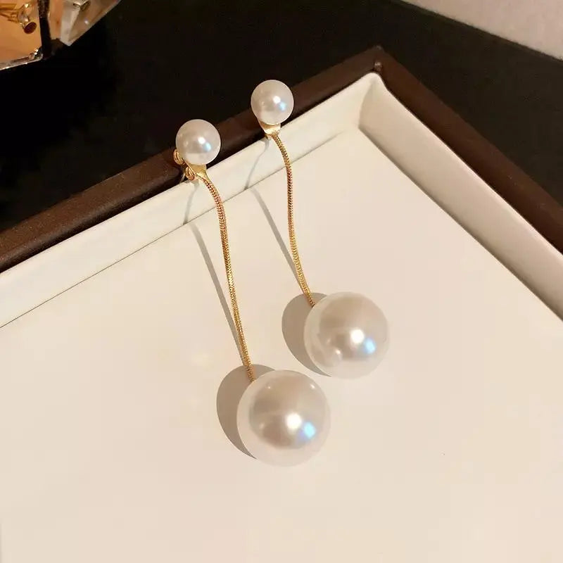 2-in-1 Big Pearl Dangle Drop Earrings - Gold - Salty Accessories