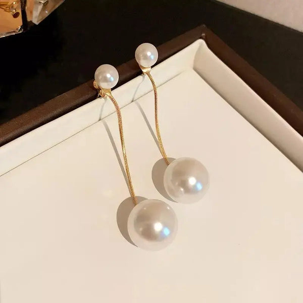 2-in-1 Big Pearl Dangle Drop Earrings - Gold